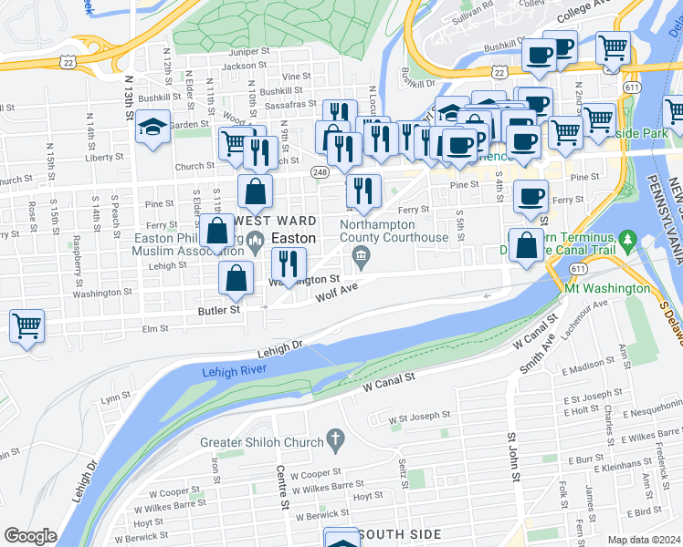 map of restaurants, bars, coffee shops, grocery stores, and more near 713 Washington Street in Easton