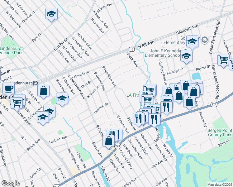 map of restaurants, bars, coffee shops, grocery stores, and more near 105 Kramer Drive in Lindenhurst