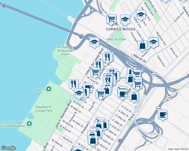 map of restaurants, bars, coffee shops, grocery stores, and more near 127 West 53rd Street in Bayonne