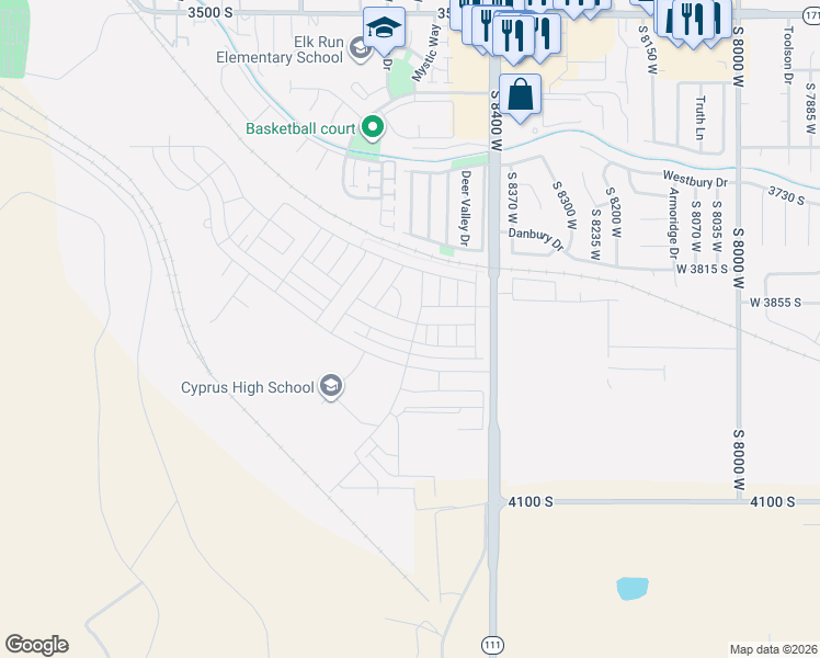 map of restaurants, bars, coffee shops, grocery stores, and more near 8533 West Meadow Bank Way in Magna