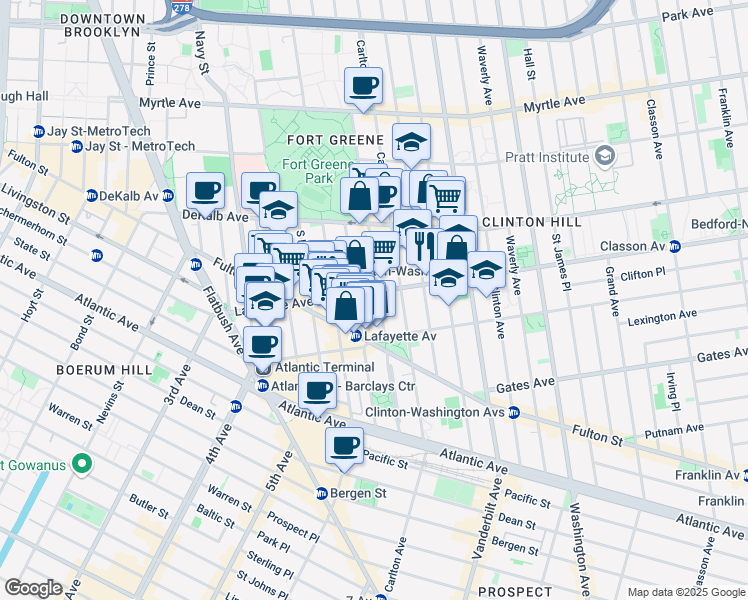 map of restaurants, bars, coffee shops, grocery stores, and more near 133 Lafayette Avenue in Brooklyn