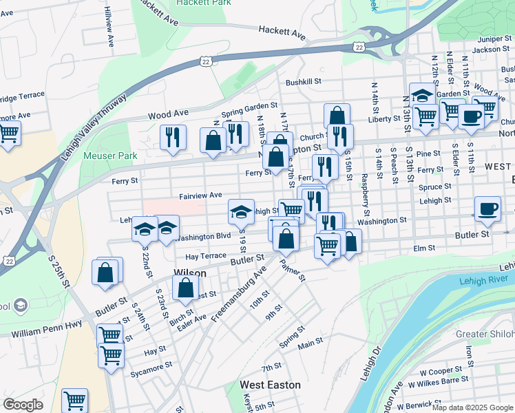map of restaurants, bars, coffee shops, grocery stores, and more near 1810 Fairview Avenue in Easton