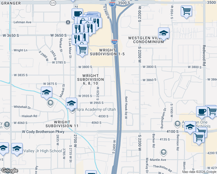 map of restaurants, bars, coffee shops, grocery stores, and more near 3892 South Treasure Isle Road in West Valley City