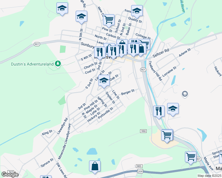 map of restaurants, bars, coffee shops, grocery stores, and more near 312 Pine Hill Street in Minersville