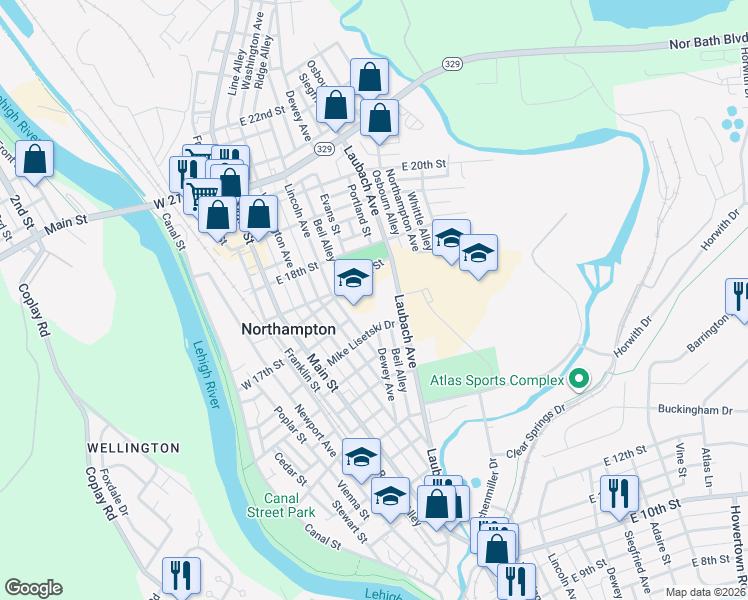 map of restaurants, bars, coffee shops, grocery stores, and more near 1677 Lincoln Avenue in Northampton