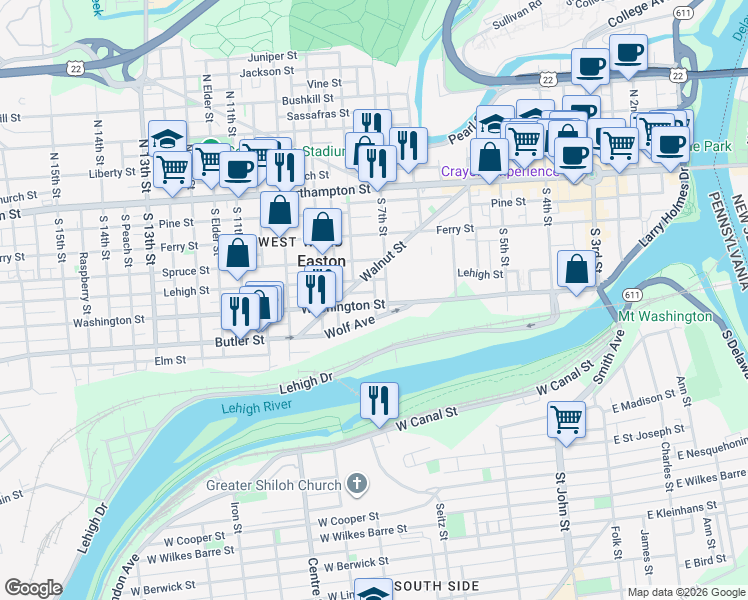 map of restaurants, bars, coffee shops, grocery stores, and more near 713 Washington Street in Easton