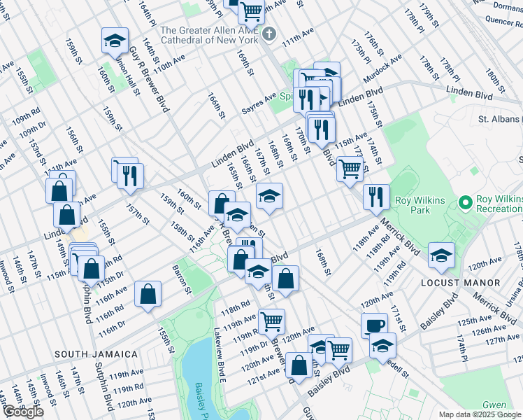 map of restaurants, bars, coffee shops, grocery stores, and more near 115-30 166th Street in Queens