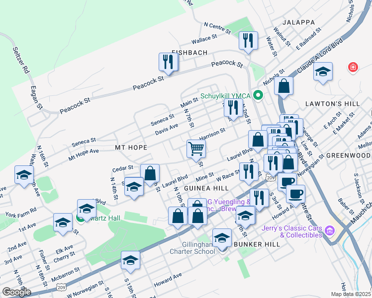 map of restaurants, bars, coffee shops, grocery stores, and more near 717 Harrison Street in Pottsville