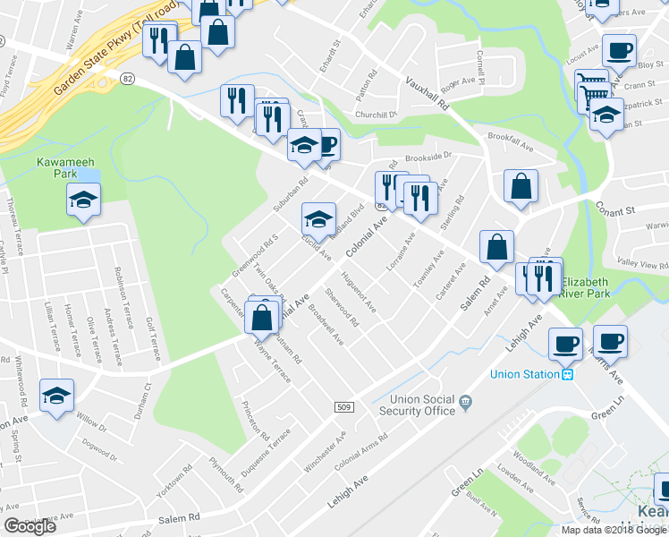 map of restaurants, bars, coffee shops, grocery stores, and more near 14 Euclid Avenue in Union