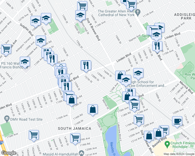 map of restaurants, bars, coffee shops, grocery stores, and more near 114-47 158th Street in Queens