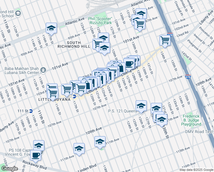 map of restaurants, bars, coffee shops, grocery stores, and more near 123-1 Liberty Avenue in Queens