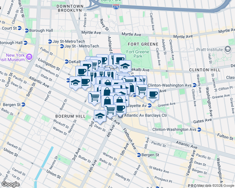 map of restaurants, bars, coffee shops, grocery stores, and more near 25 Lafayette Avenue in Brooklyn