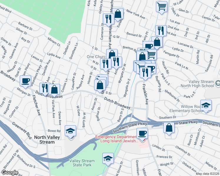 map of restaurants, bars, coffee shops, grocery stores, and more near 753 Arcadian Avenue in Valley Stream