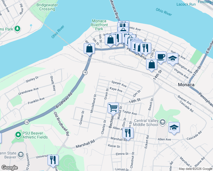 map of restaurants, bars, coffee shops, grocery stores, and more near 700 Speyer Avenue in Monaca