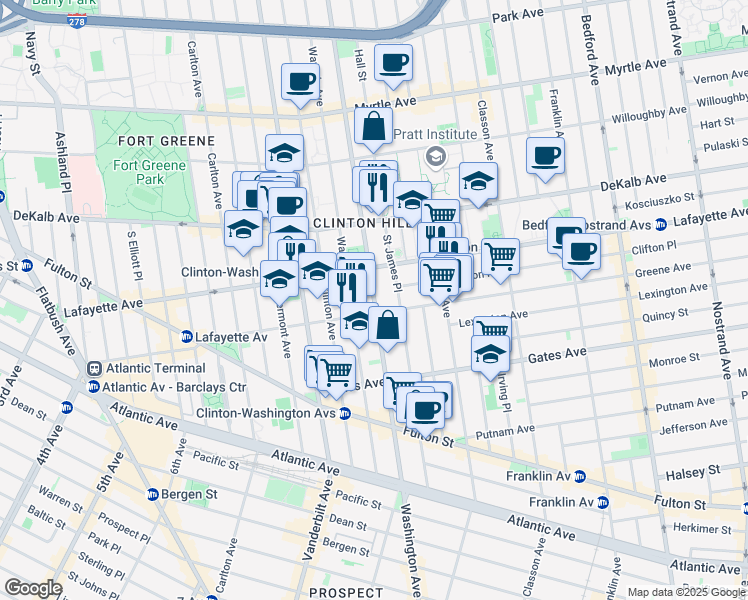 map of restaurants, bars, coffee shops, grocery stores, and more near 379 Washington Avenue in Brooklyn