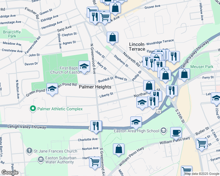 map of restaurants, bars, coffee shops, grocery stores, and more near 2706 Spring Garden Street in Easton