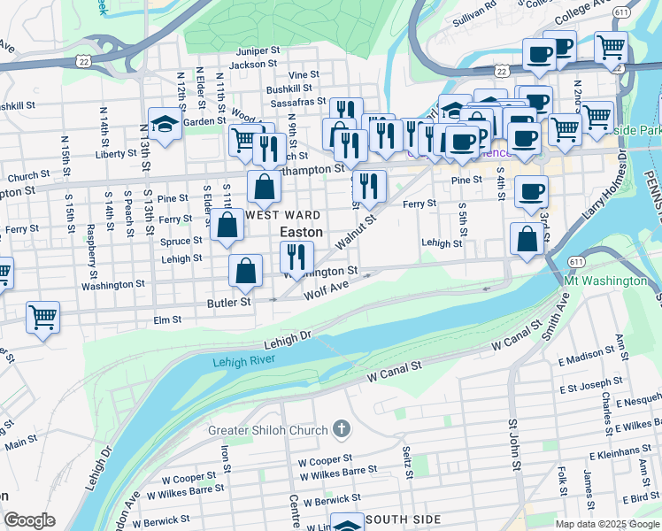 map of restaurants, bars, coffee shops, grocery stores, and more near 752 Walnut Street in Easton