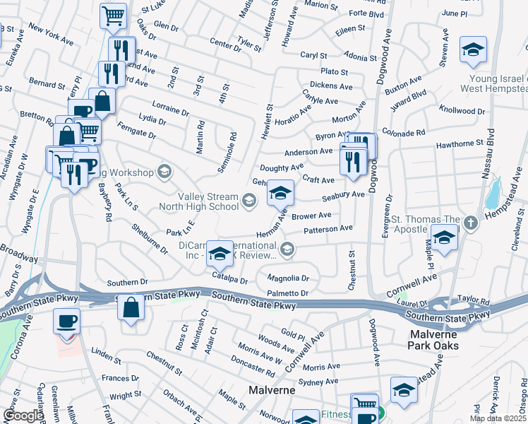 map of restaurants, bars, coffee shops, grocery stores, and more near 750 Herman Avenue in Franklin Square