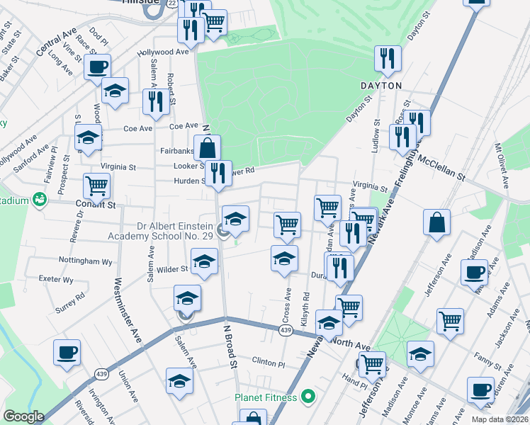 map of restaurants, bars, coffee shops, grocery stores, and more near 1404 Concord Place in Elizabeth