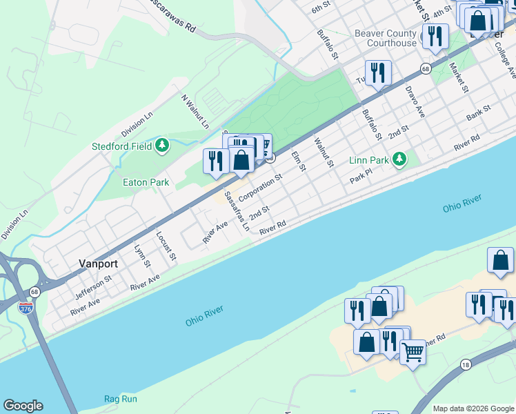 map of restaurants, bars, coffee shops, grocery stores, and more near 1701 Corporation Street in Beaver