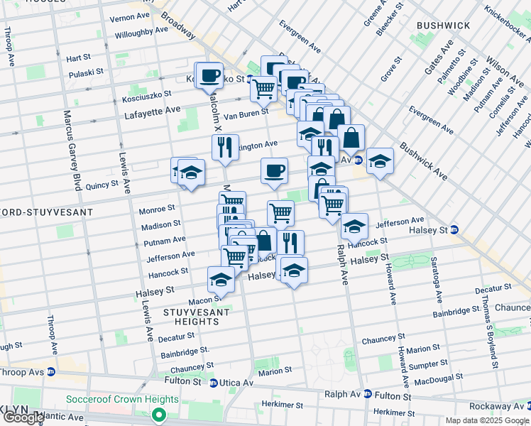 map of restaurants, bars, coffee shops, grocery stores, and more near 752 Madison Street in Brooklyn