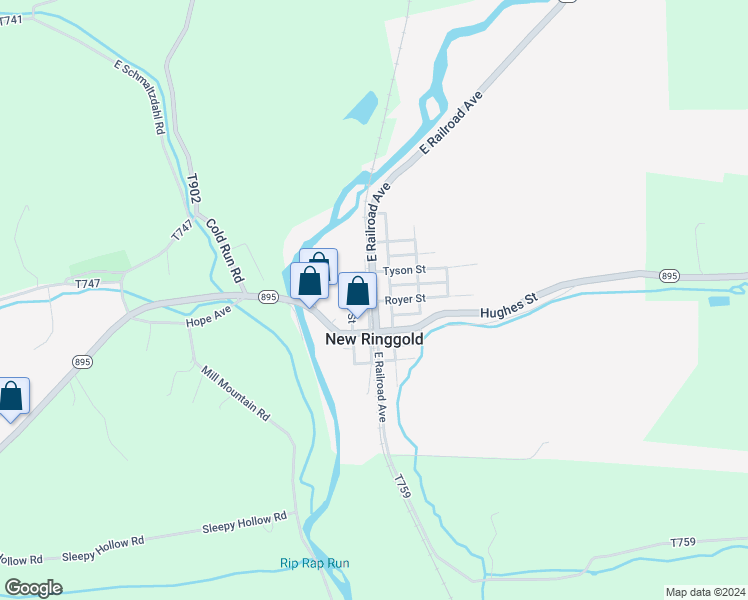 map of restaurants, bars, coffee shops, grocery stores, and more near 302 East Railroad Avenue in New Ringgold