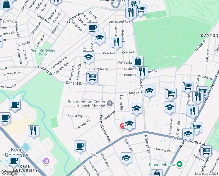 map of restaurants, bars, coffee shops, grocery stores, and more near 129 Conant Street in Hillside