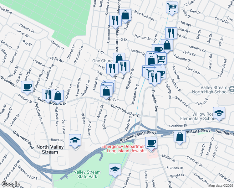 map of restaurants, bars, coffee shops, grocery stores, and more near 753 Arcadian Avenue in Valley Stream