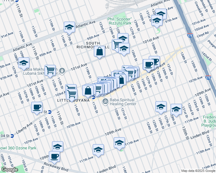 map of restaurants, bars, coffee shops, grocery stores, and more near 103-22 120th Street in Queens
