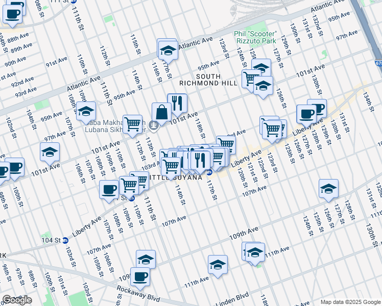 map of restaurants, bars, coffee shops, grocery stores, and more near 116-11 103rd Avenue in Queens