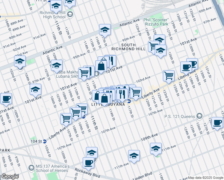 map of restaurants, bars, coffee shops, grocery stores, and more near 101-57 115th Street in Queens