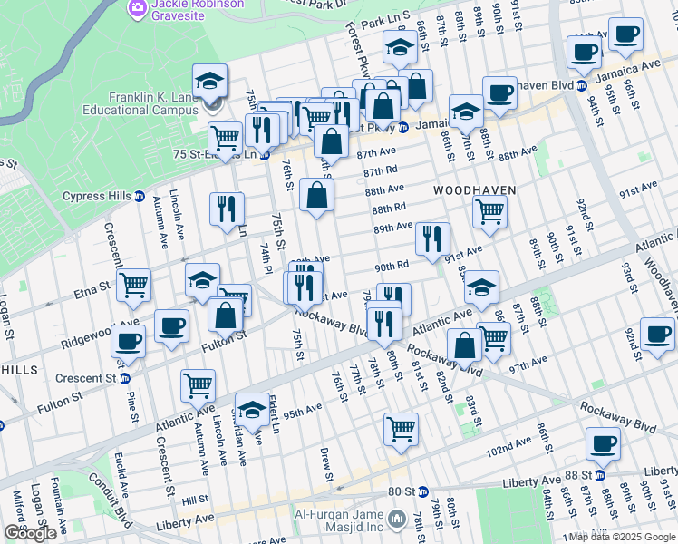 map of restaurants, bars, coffee shops, grocery stores, and more near 90-10 78th Street in Queens