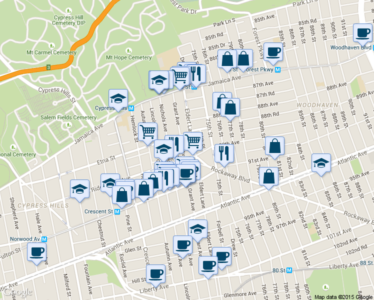 map of restaurants, bars, coffee shops, grocery stores, and more near 150 Eldert Lane in Brooklyn