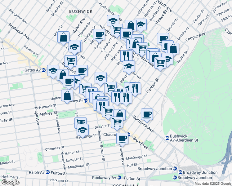 map of restaurants, bars, coffee shops, grocery stores, and more near 89 Eldert Street in Brooklyn