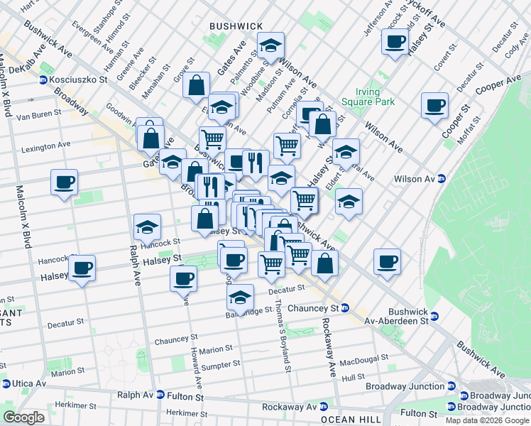 map of restaurants, bars, coffee shops, grocery stores, and more near 1024 Hancock Street in Brooklyn