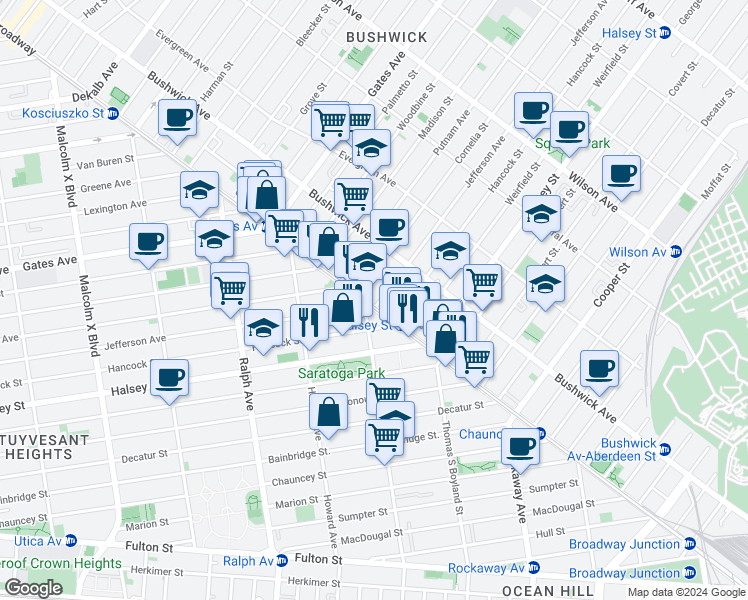 map of restaurants, bars, coffee shops, grocery stores, and more near 1045 Jefferson Avenue in Brooklyn