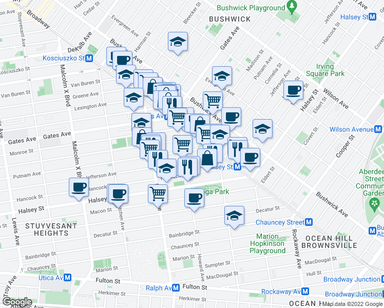 map of restaurants, bars, coffee shops, grocery stores, and more near 1021 Putnam Avenue in Brooklyn