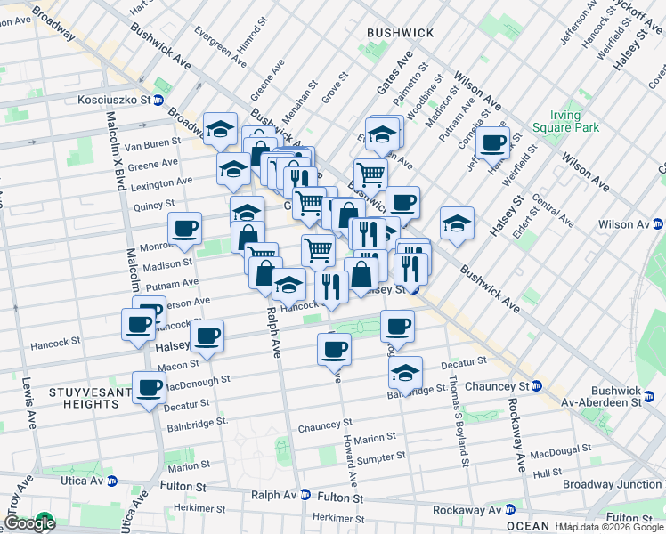 map of restaurants, bars, coffee shops, grocery stores, and more near 1021 Putnam Avenue in Brooklyn