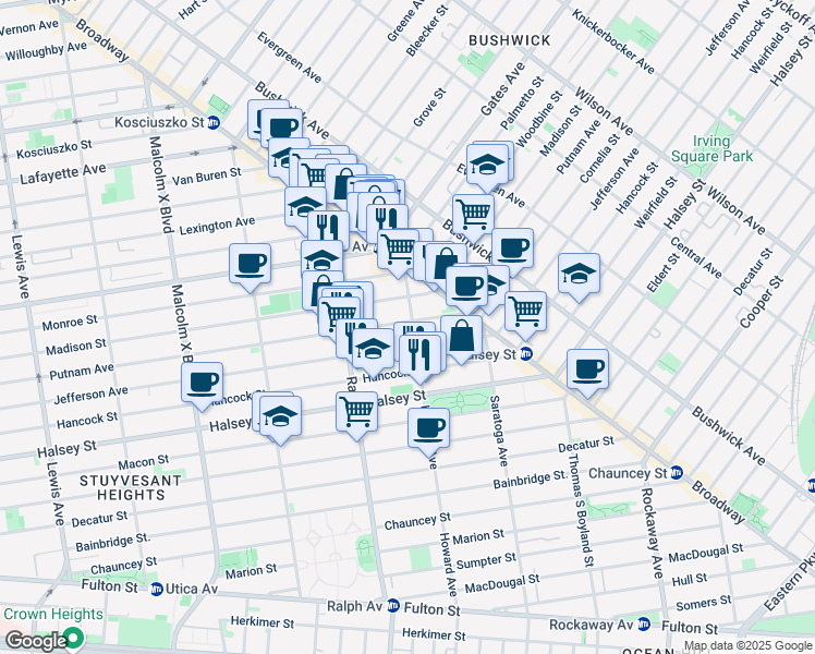 map of restaurants, bars, coffee shops, grocery stores, and more near 989 Putnam Avenue in Brooklyn