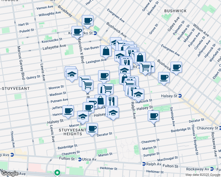 map of restaurants, bars, coffee shops, grocery stores, and more near 792 Madison Street in Brooklyn