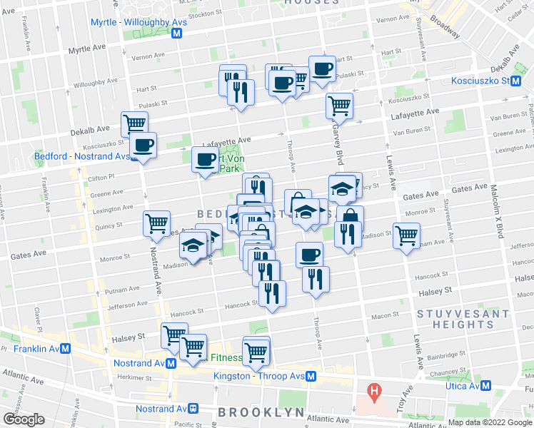 map of restaurants, bars, coffee shops, grocery stores, and more near 420 Quincy Street in Brooklyn