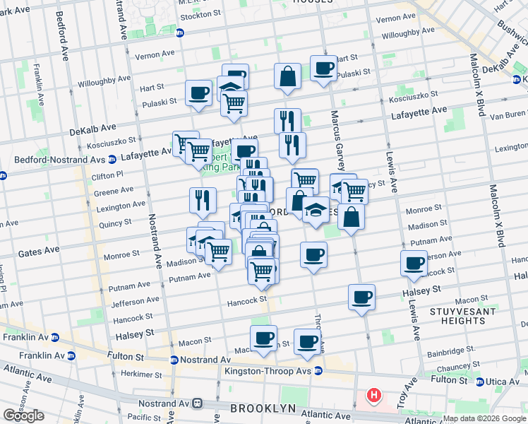 map of restaurants, bars, coffee shops, grocery stores, and more near 416 Quincy Street in Brooklyn
