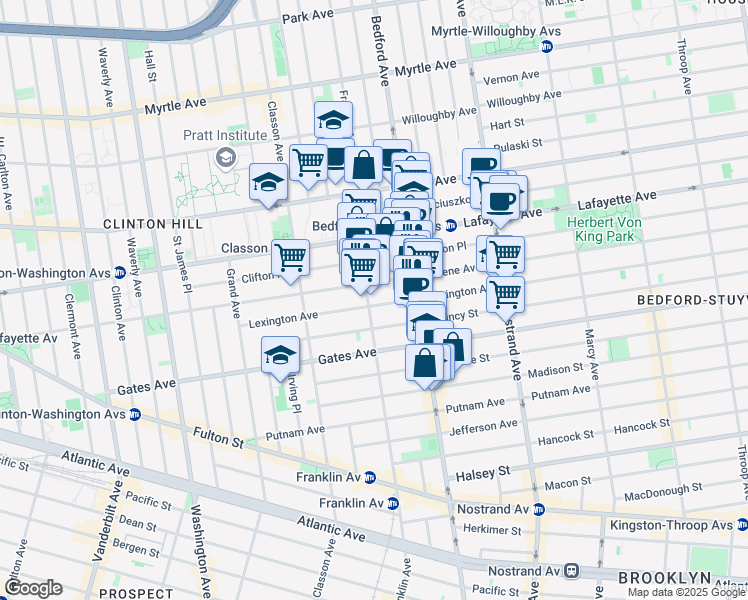 map of restaurants, bars, coffee shops, grocery stores, and more near 159 Lexington Avenue in Brooklyn