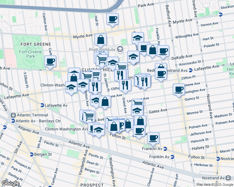 map of restaurants, bars, coffee shops, grocery stores, and more near 30 Clifton Place in Brooklyn