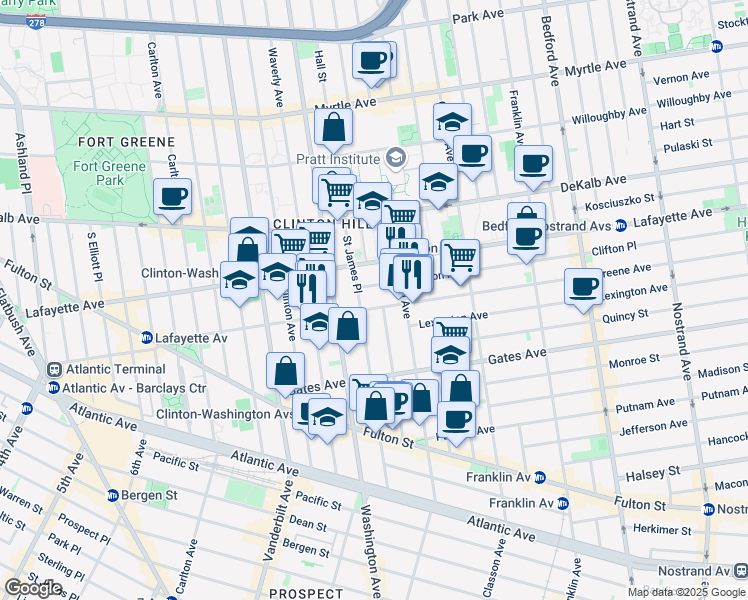 map of restaurants, bars, coffee shops, grocery stores, and more near 30 Clifton Place in Brooklyn