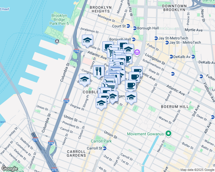 map of restaurants, bars, coffee shops, grocery stores, and more near 205 Warren Street in Brooklyn