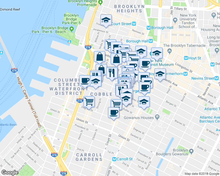 map of restaurants, bars, coffee shops, grocery stores, and more near 198 Warren Street in Brooklyn