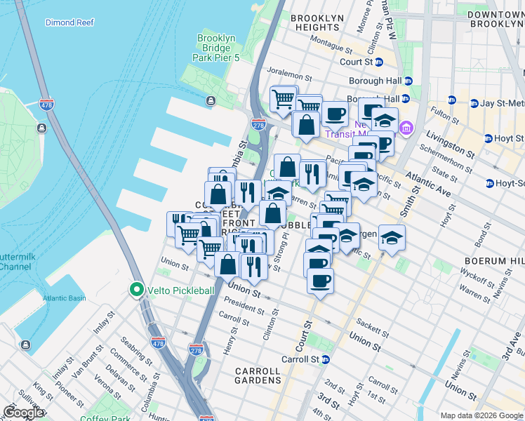 map of restaurants, bars, coffee shops, grocery stores, and more near 447 Hicks Street in Brooklyn