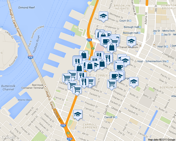 map of restaurants, bars, coffee shops, grocery stores, and more near 447 Hicks Street in Brooklyn