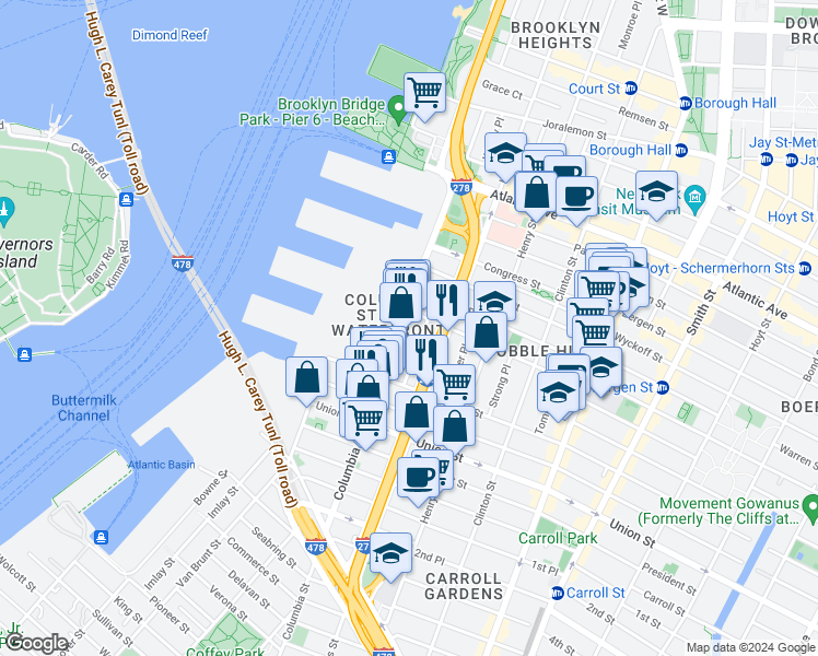 map of restaurants, bars, coffee shops, grocery stores, and more near 90 Kane Street in Brooklyn